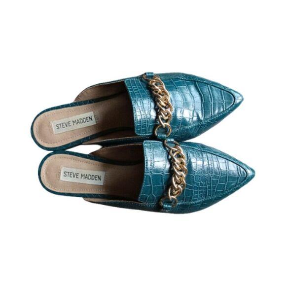Steve Madden Chain Mule Loafers Size 6.5M Turquoise Crocodile Pointed Toe Flats - Picture 3 of 10